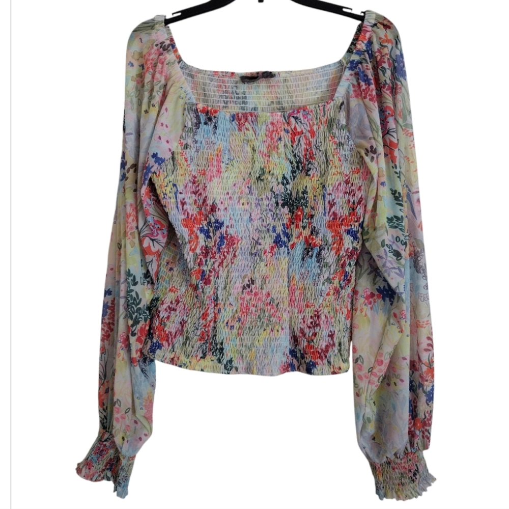 Anthropologie multicolor Floral Smocked long sleeved top size XL